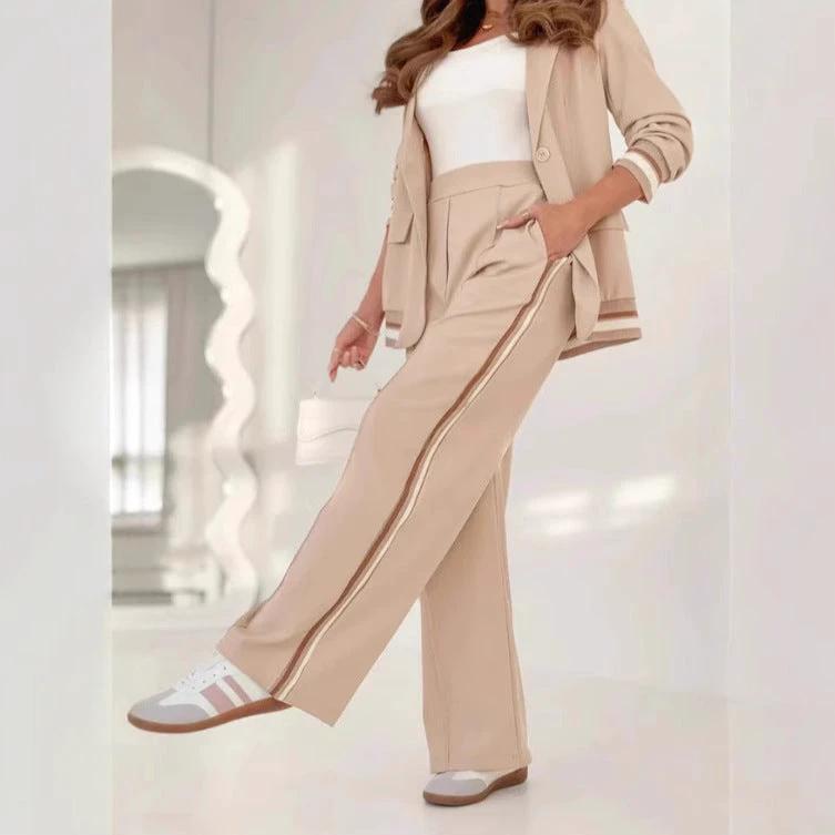 2 Pcs Set Women Suit Coat Pants Suit Lapel Long Sleeves Lady Jacket Wide Leg High Waist Trousers Female Commuting Office Outfit by GJG Denim