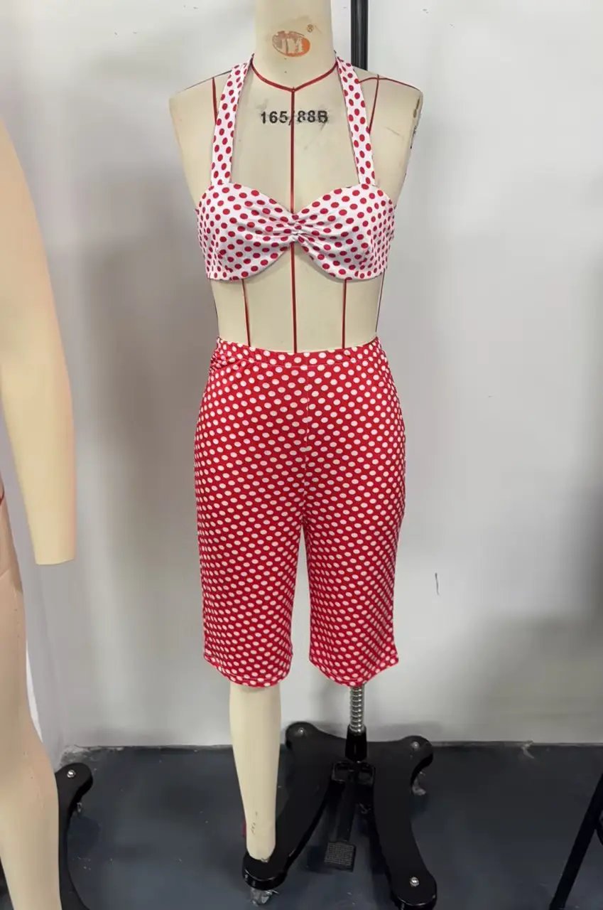 Red Polka Dot Halter Crop Top & High Waist Biker Shorts Set by GJG Denim