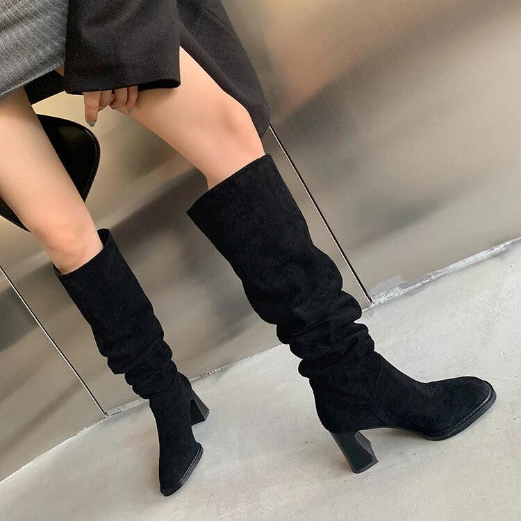 High Leg Boot High Heel Riding Boots Square Head Small Thick Leg Length by GJG Denim