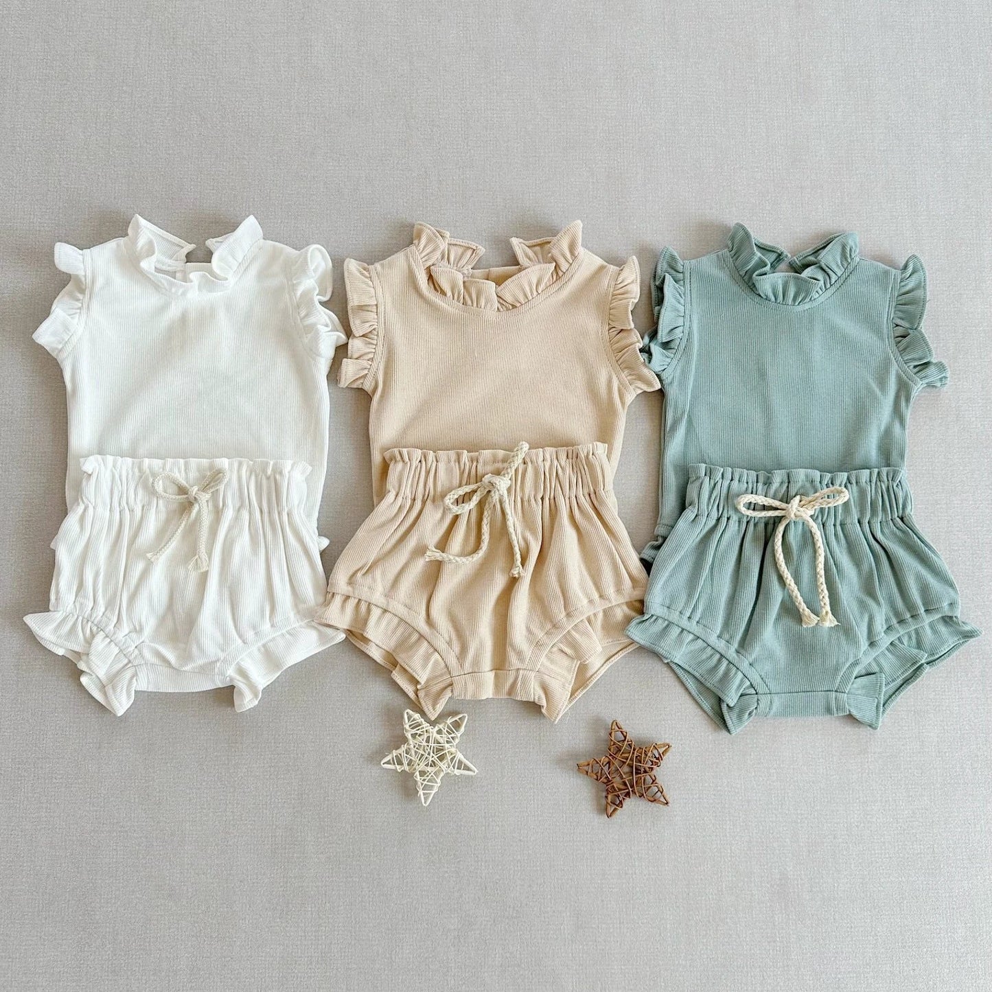 Rib Cotton Short Sleeve Wooden Ear Rompers Jumpsuit by GJG Denim