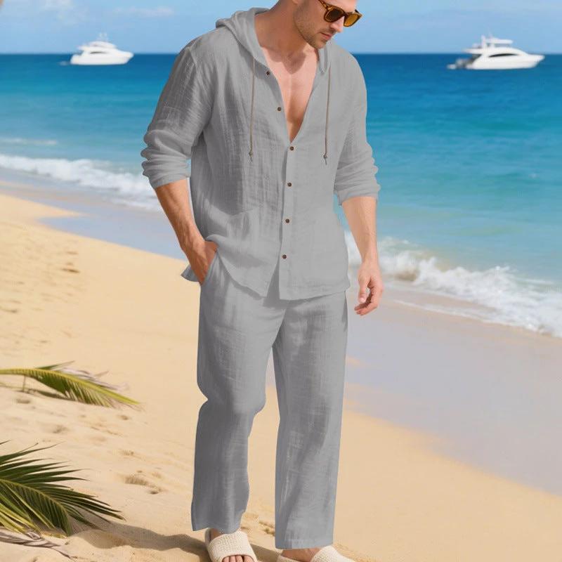 Loose, Breathable Linen Casual Hooded Long-sleeve Shirt And Pants Set by GJG Denim