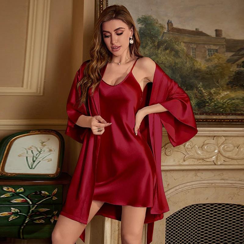Ice Silk Pajamas For Women Summer Robe Two-piece Sling Sexy by GJG Denim