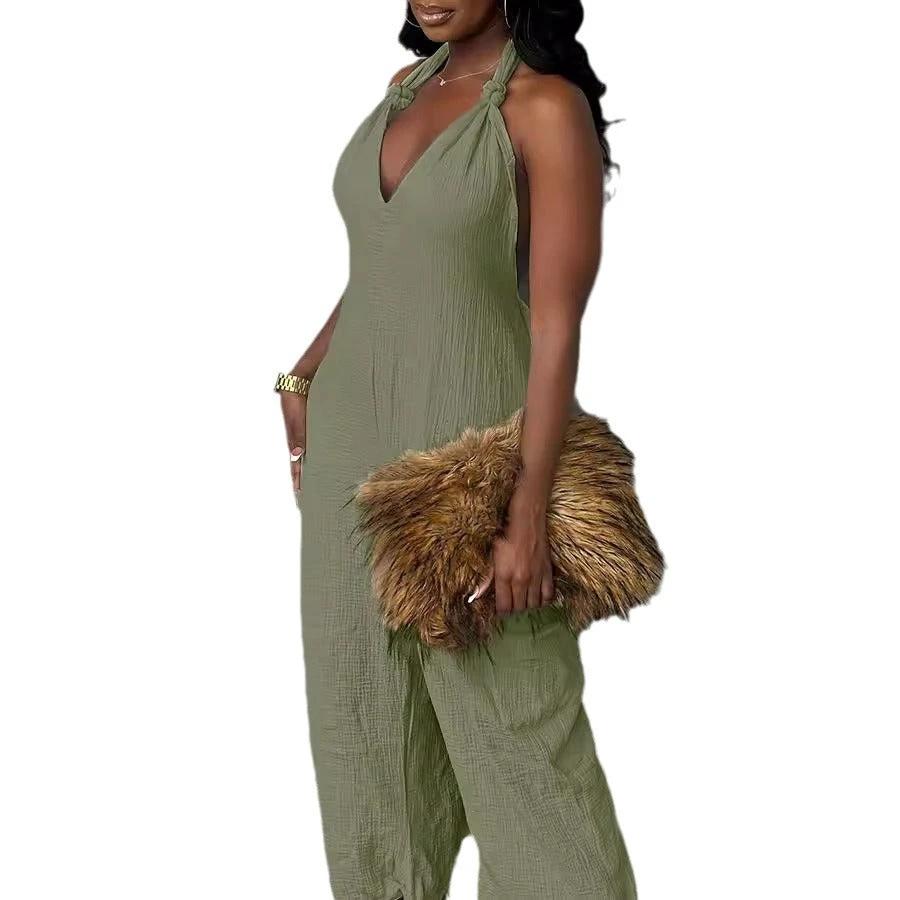Long Linen Solid Color Jumpsuit With Belt by GJG Denim