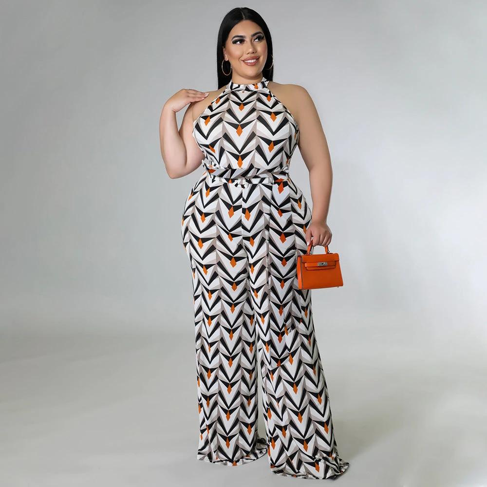 Women's Casual Halter neck Printed Jumpsuit With Belt Plus Size by GJG Denim