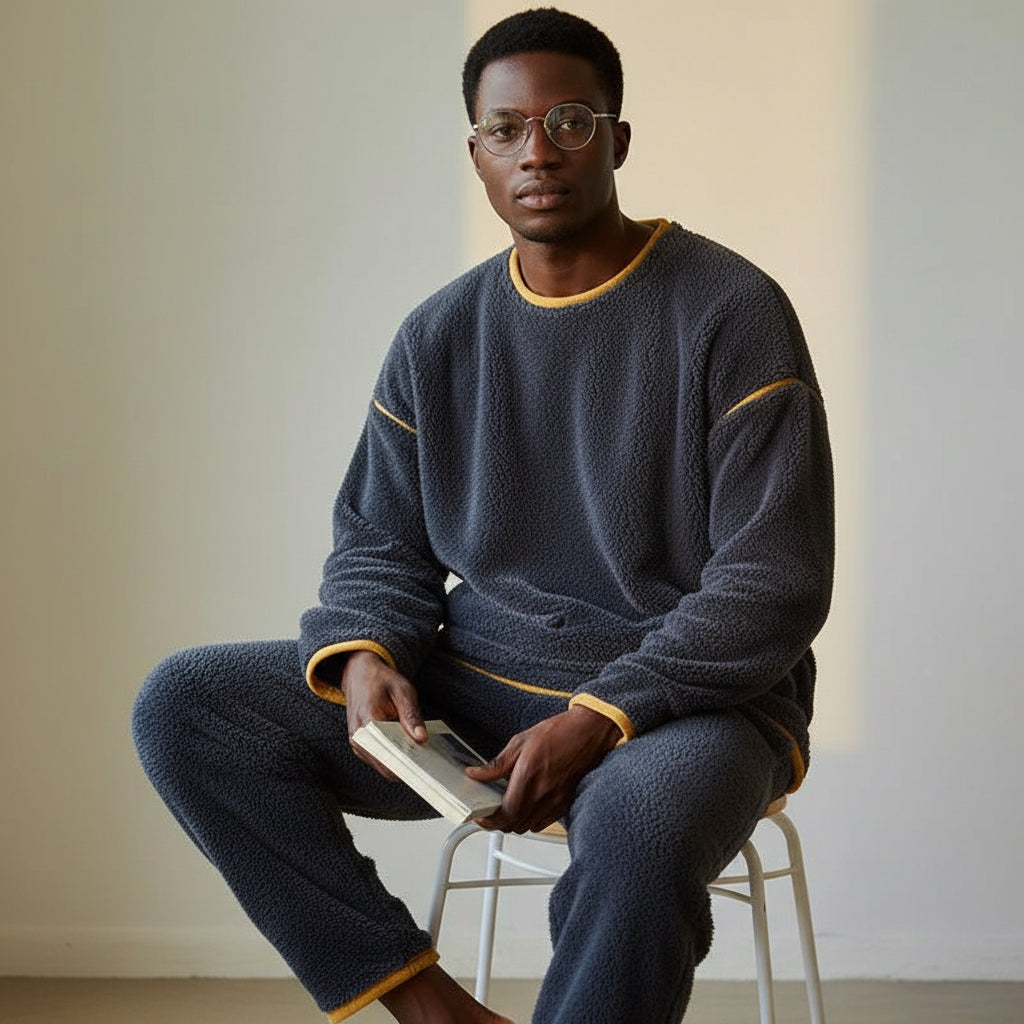 Men's Fleece-lined Thick Round Neck Loose Pajamas by GJG Denim
