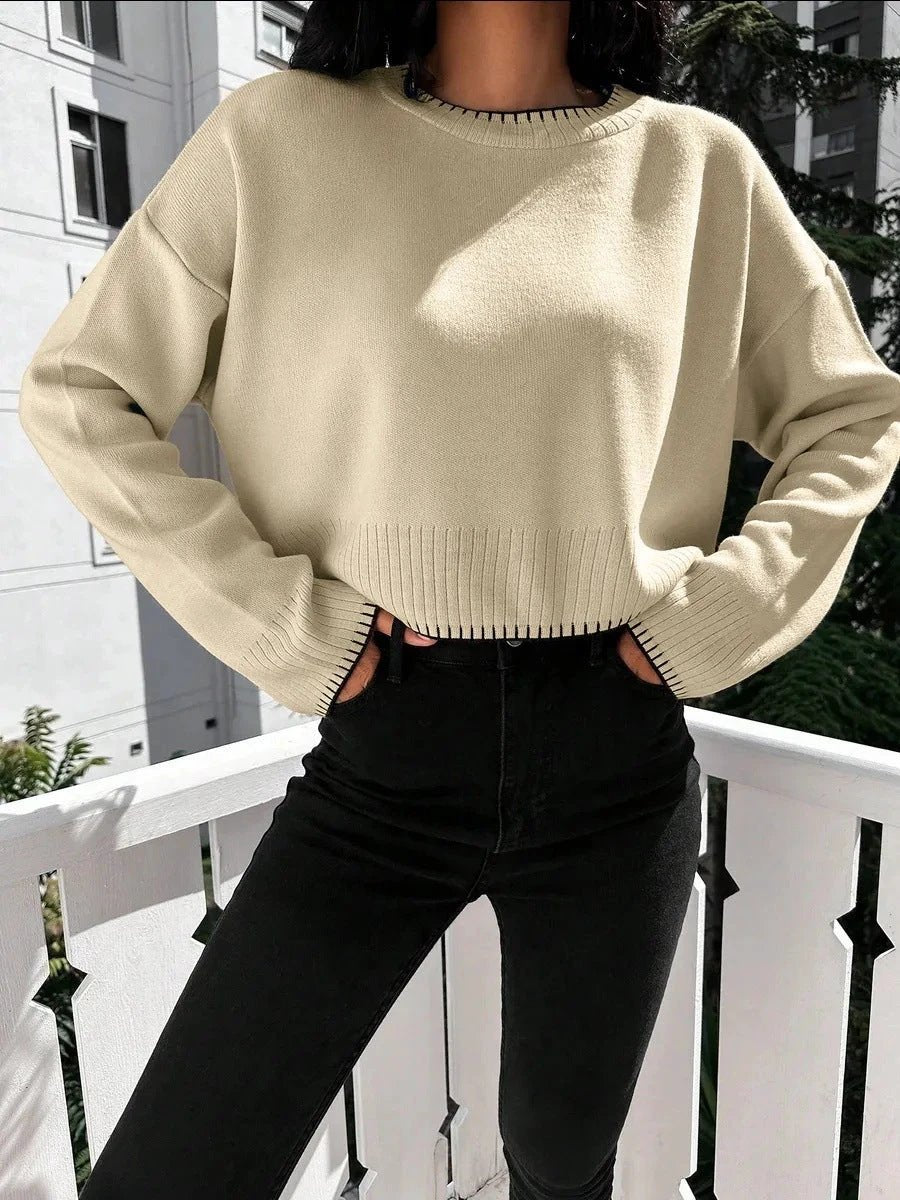 High-waisted Color-block Loose-fitting Cropped Pullover Knit Sweater by GJG Denim