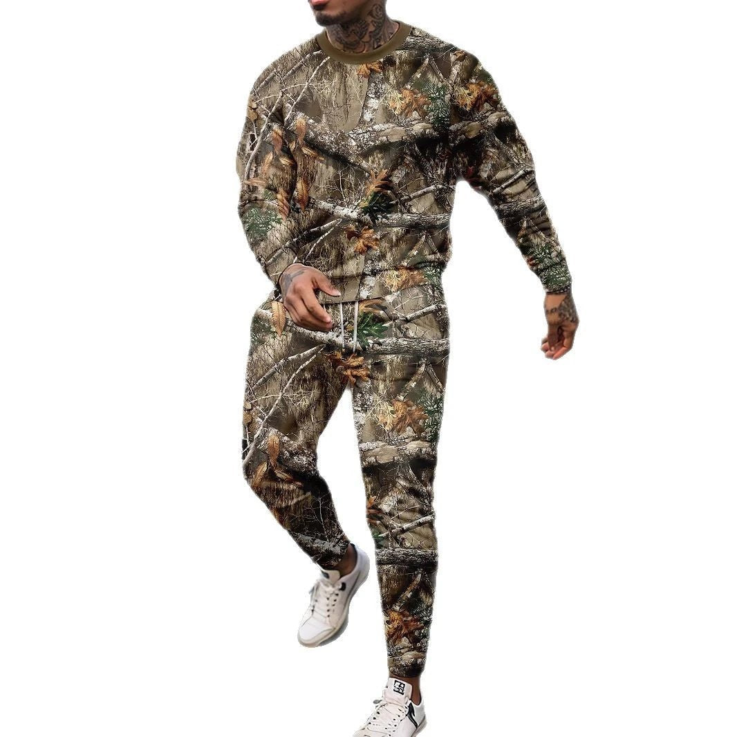 Round Neck Sweater Jungle Camouflage Sportswear Long Sleeve Two-piece Pants by GJG Denim