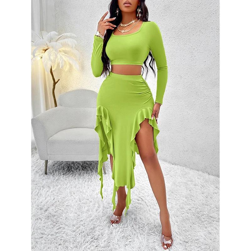 Women Summer 2 Piece Skirt Sets Long Sleeve Square Neck Crop Top Ruffle Trim Irregular Split Sexy Club Party Skirt Outfits by GJG Denim