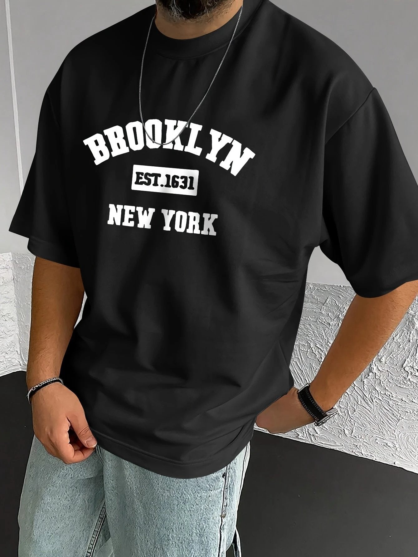 Men's Summer Spring Brooklyn Fashionable Printed T-shirt, Casual Short Sleeved Fashionable Style T-shirt, Sporty New Casual Short Sleeved Top by GJG Denim