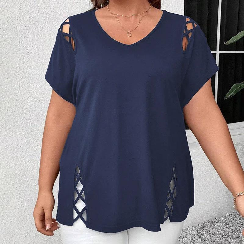 Women's Plus Size Criss Cross Short Sleeve V Neck T-Shirt Tops by GJG Denim