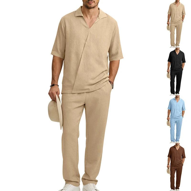 Men's Lapel Short Sleeve Shirt And Pants Suit by GJG Denim