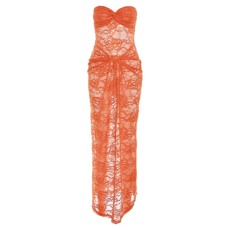 Women's Fashion Chest Wrap Lace See-through Slim Sheath Solid Color Dress by GJG Denim