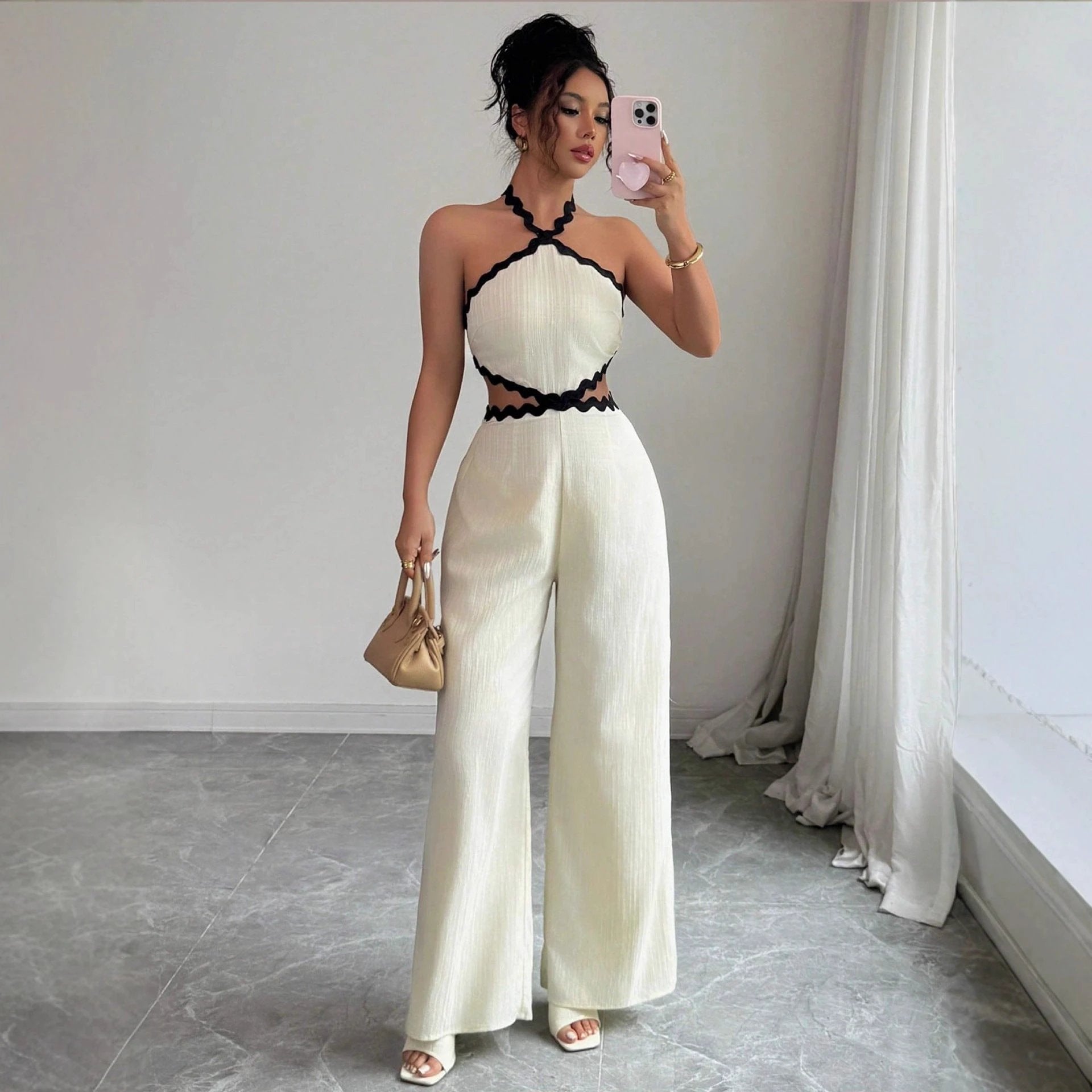 Women's Fashionable Wave Lace Texture Halter Stitching Hollow-out Jumpsuit by GJG Denim