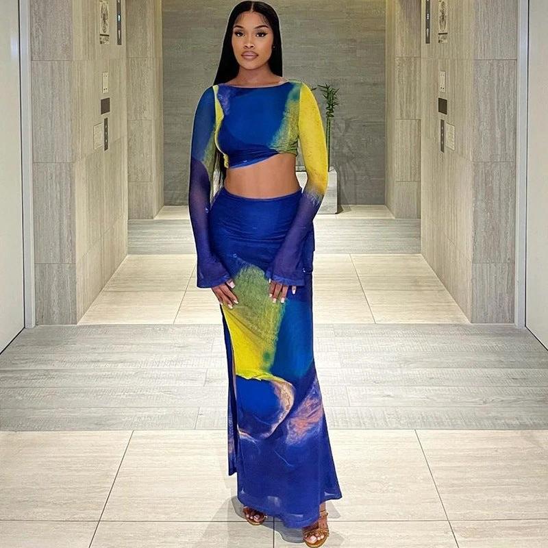 Printed Long Bell Sleeve top and long Skirt Set by GJG Denim
