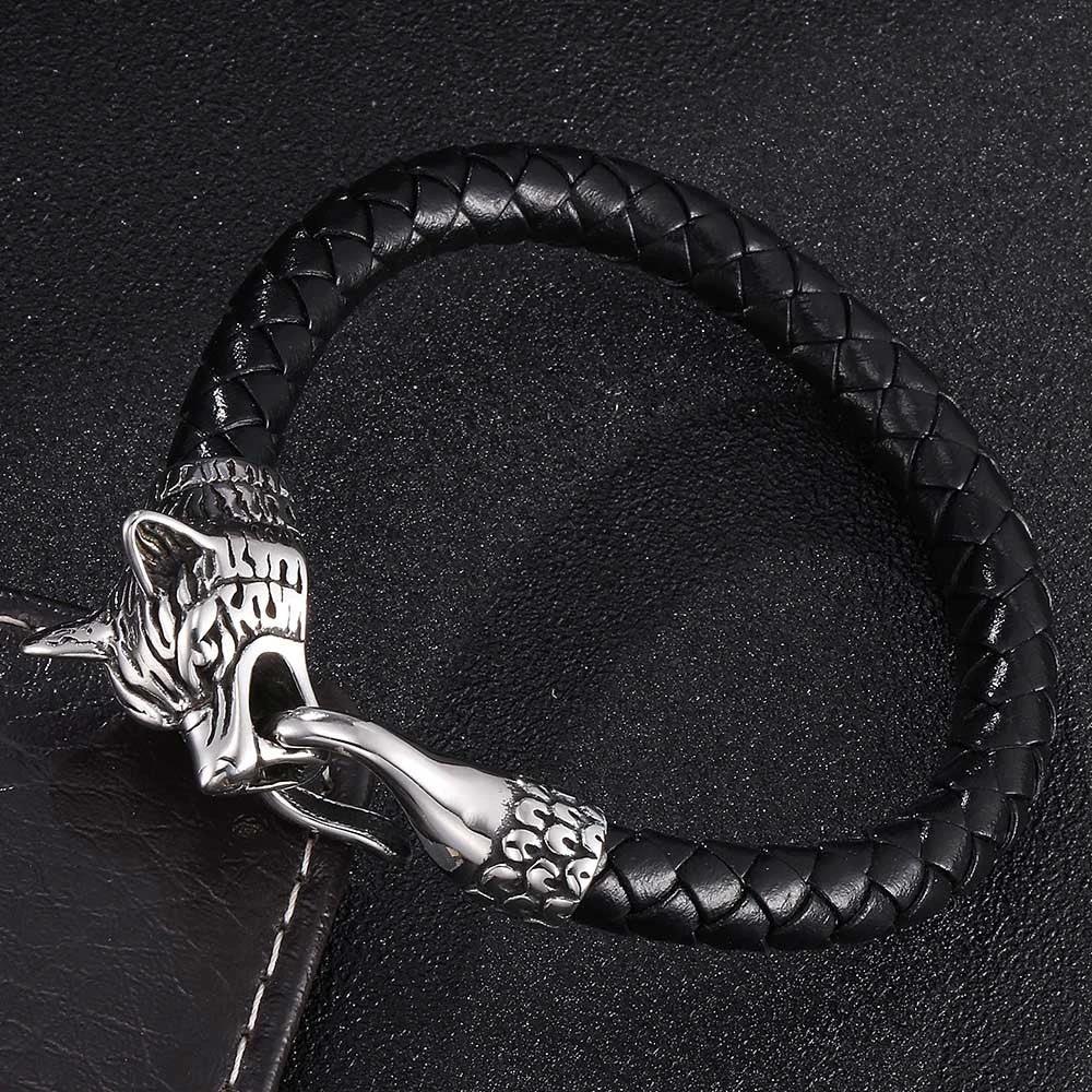 Fashionable Wolf Head Genuine Leather Braided Leather Cord Bracelet For Men by GJG Denim