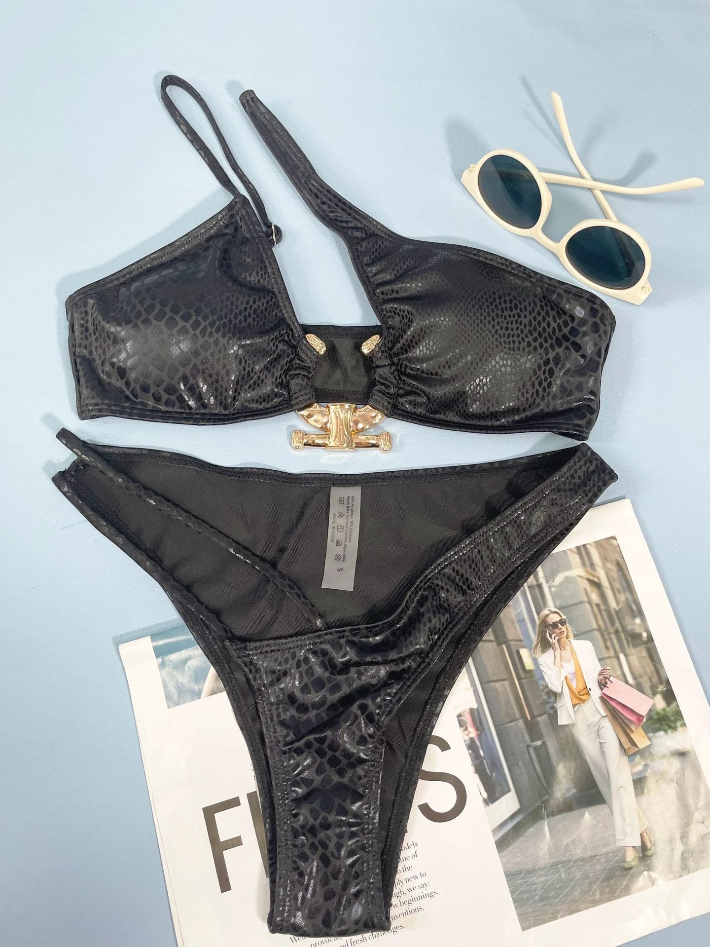 Women Bikini Serpentine Pattern Swimsuit Three Point Tight Swimwear by GJG Denim