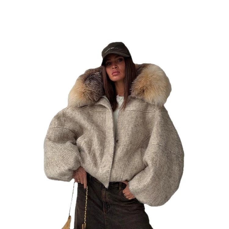Womens Stylish Woolen Coat With A Big Fur Collar And Zipper by GJG Denim