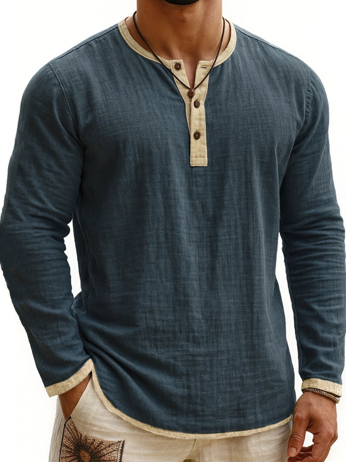Men's Two-tone Henley Shirt 3-button Casual Long Sleeve Shirt by GJG Denim