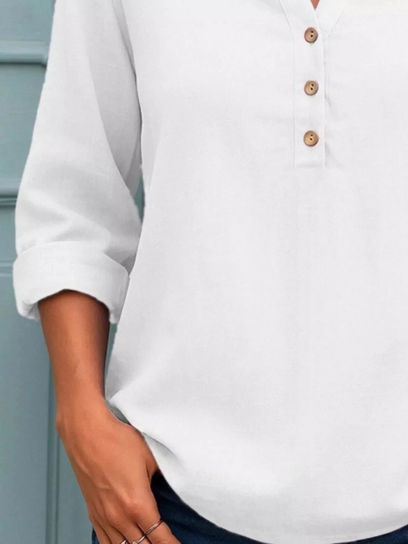 Full Size Button Detail Notched Long Sleeve Blouse Plus Size by Lady Ros