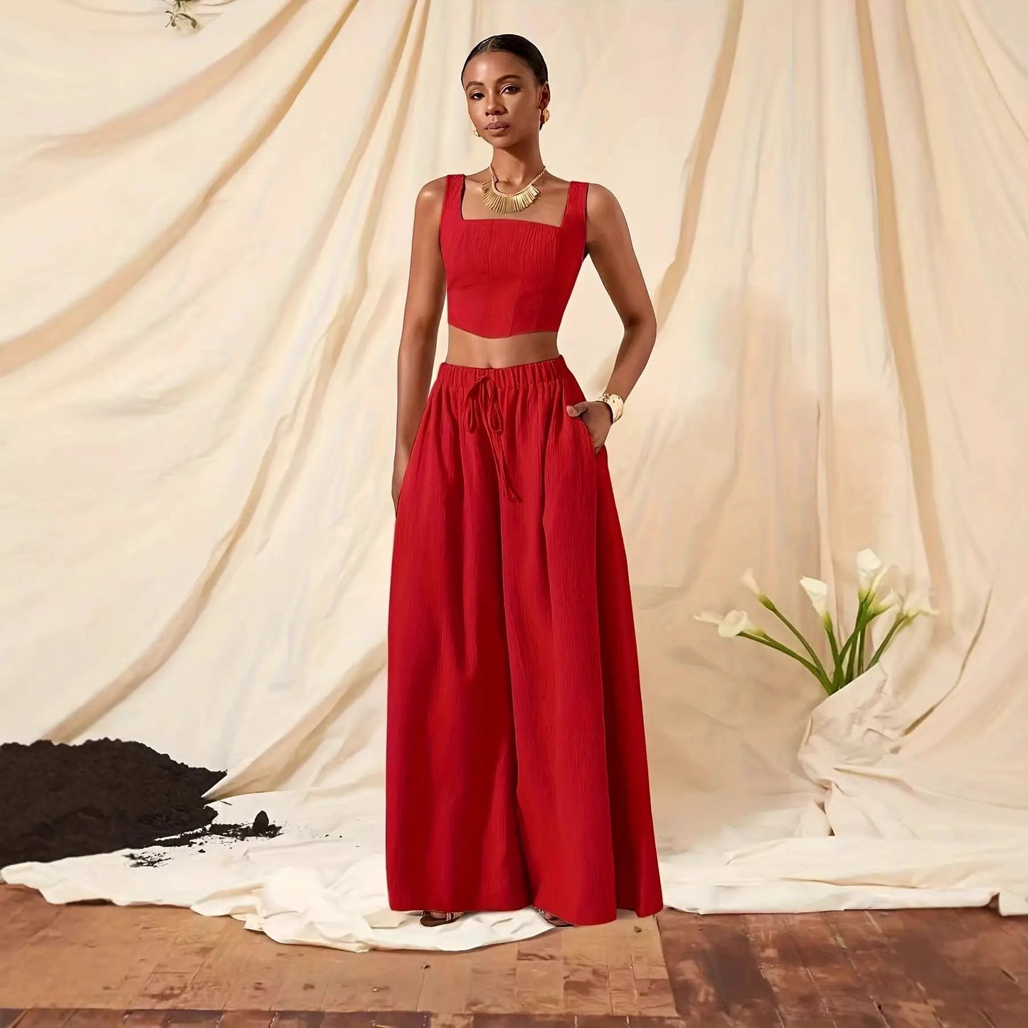 Vacation-Ready Fishbone Strap Top And Wide-Leg Pants With Pockets 2-Piece Set by GJG Denim