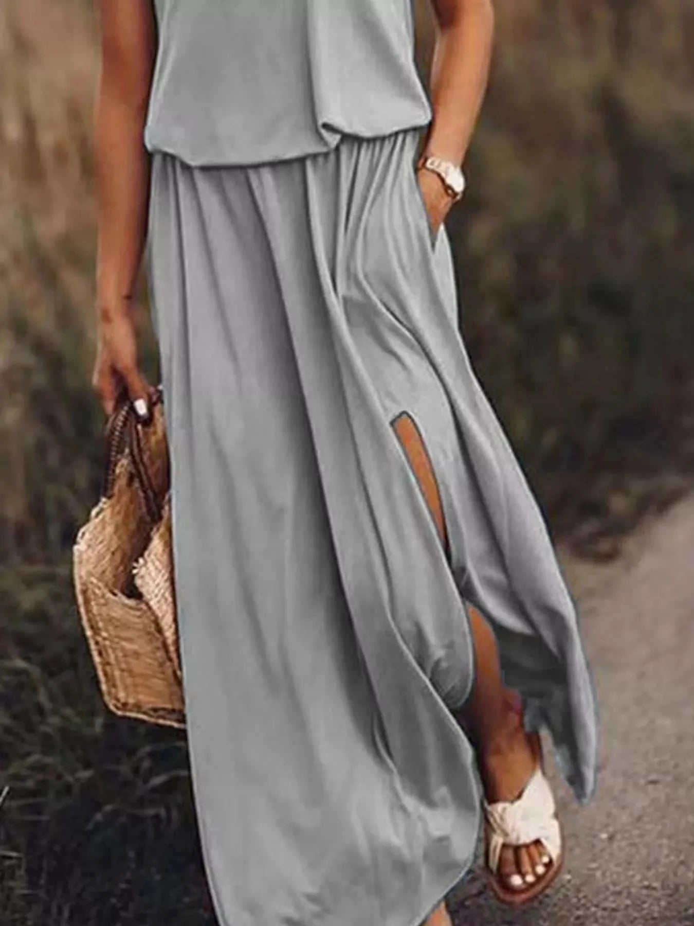 Full Size Round Neck Sleeveless Slit Maxi Dress Plus Size by Lady Ros