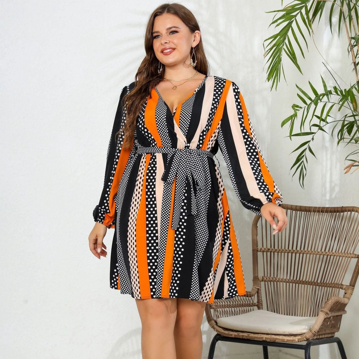 V-neck Lace-up Plus Size Dress by GJG Denim