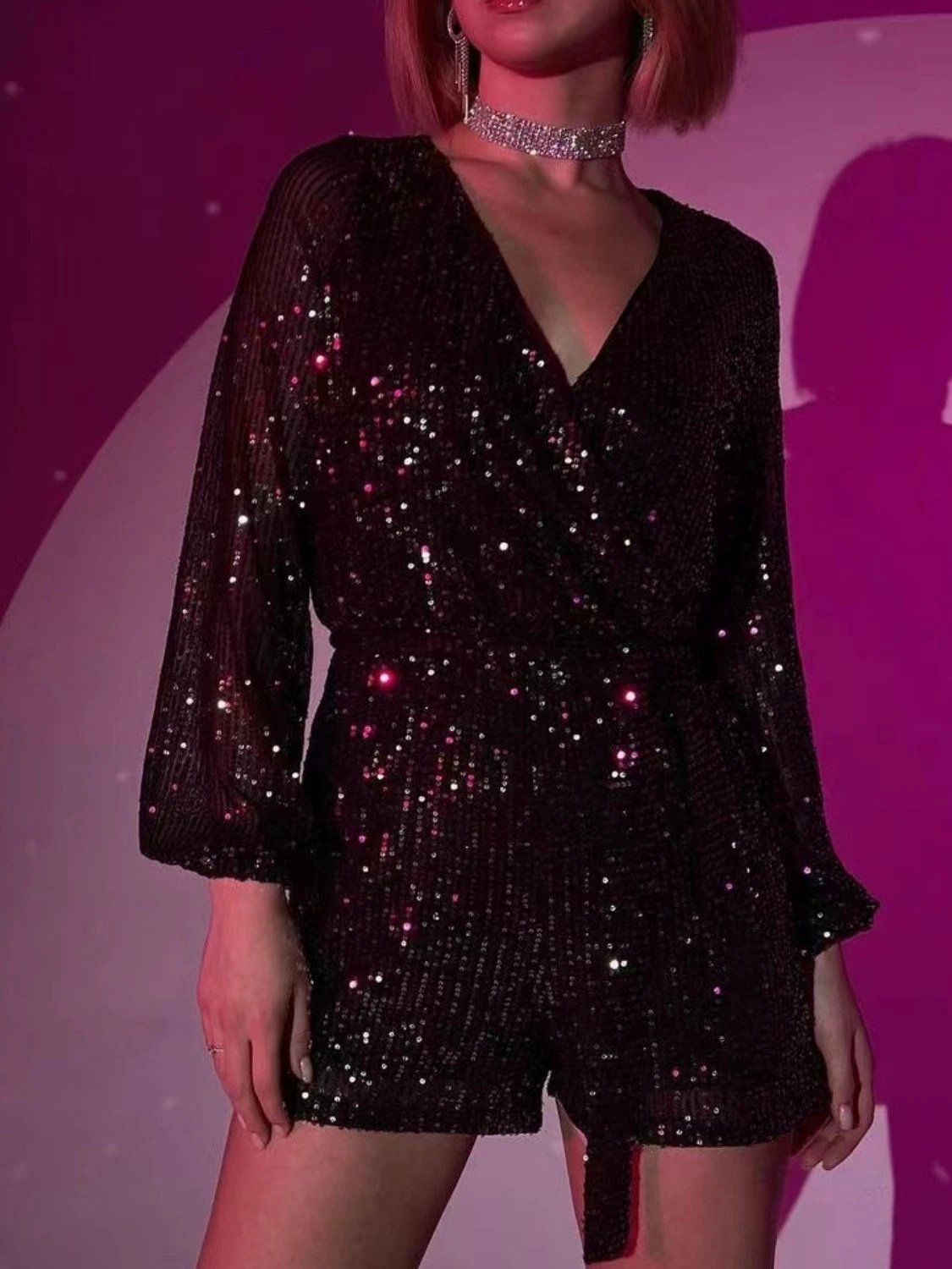 Full Size Sequin Surplice Tie Waist Long Sleeve Romper by Lady Ros