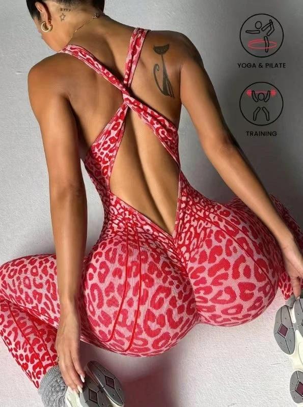 Seamless Cross-design Leopard-print Hollow-out One-piece Bodysuit by GJG Denim