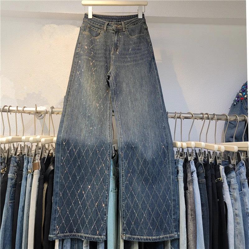 Heavy Industry Hot Rhinestone Lattice Diamond High Waist Loose Wide Leg Pants by GJG Denim