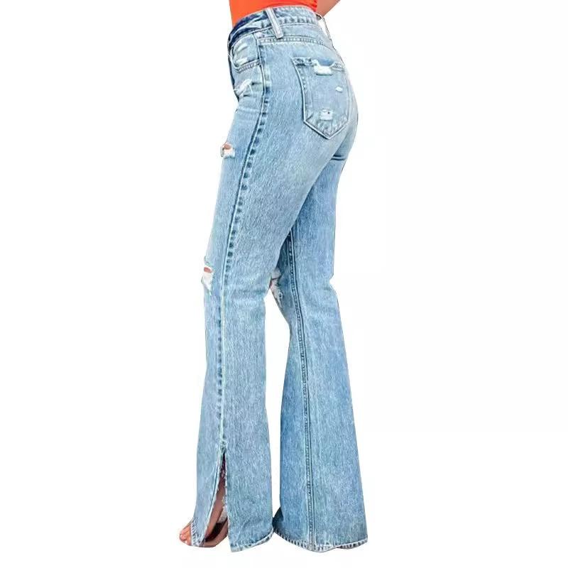 Ladies Jeans High Waist Ripped Slightly Stretch Split Trousers by GJG Denim