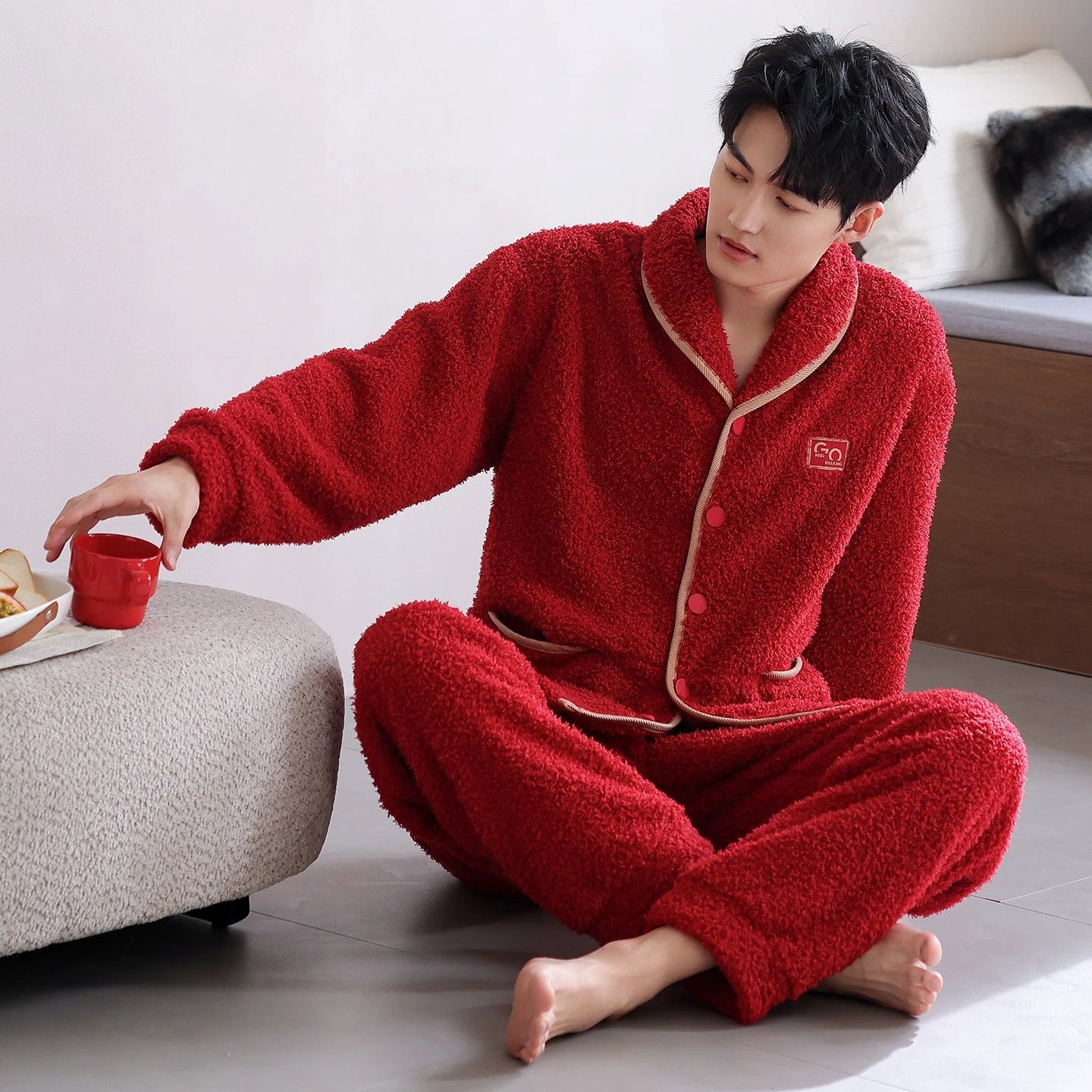 Men's Flannel Thick Warm Long Sleeves Fleece Pajama Set by GJG Denim