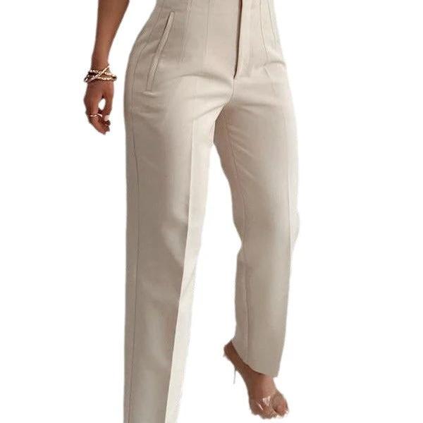 Pleated Casual High Waist Pure Color Slim-fit Basic Pants by GJG Denim