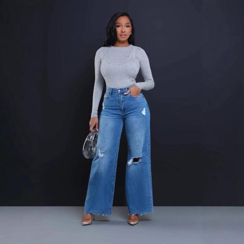 Women's Ripped High Waist Loose Straight Wide Leg Jeans by GJG Denim