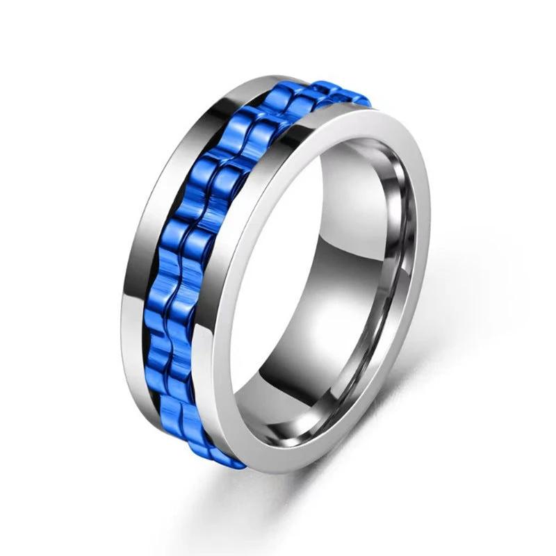 Men's Titanium Spinner Square Texture Polished Stainless Steel Gear Rotating Anxiety Fidget Rings by GJG Denim