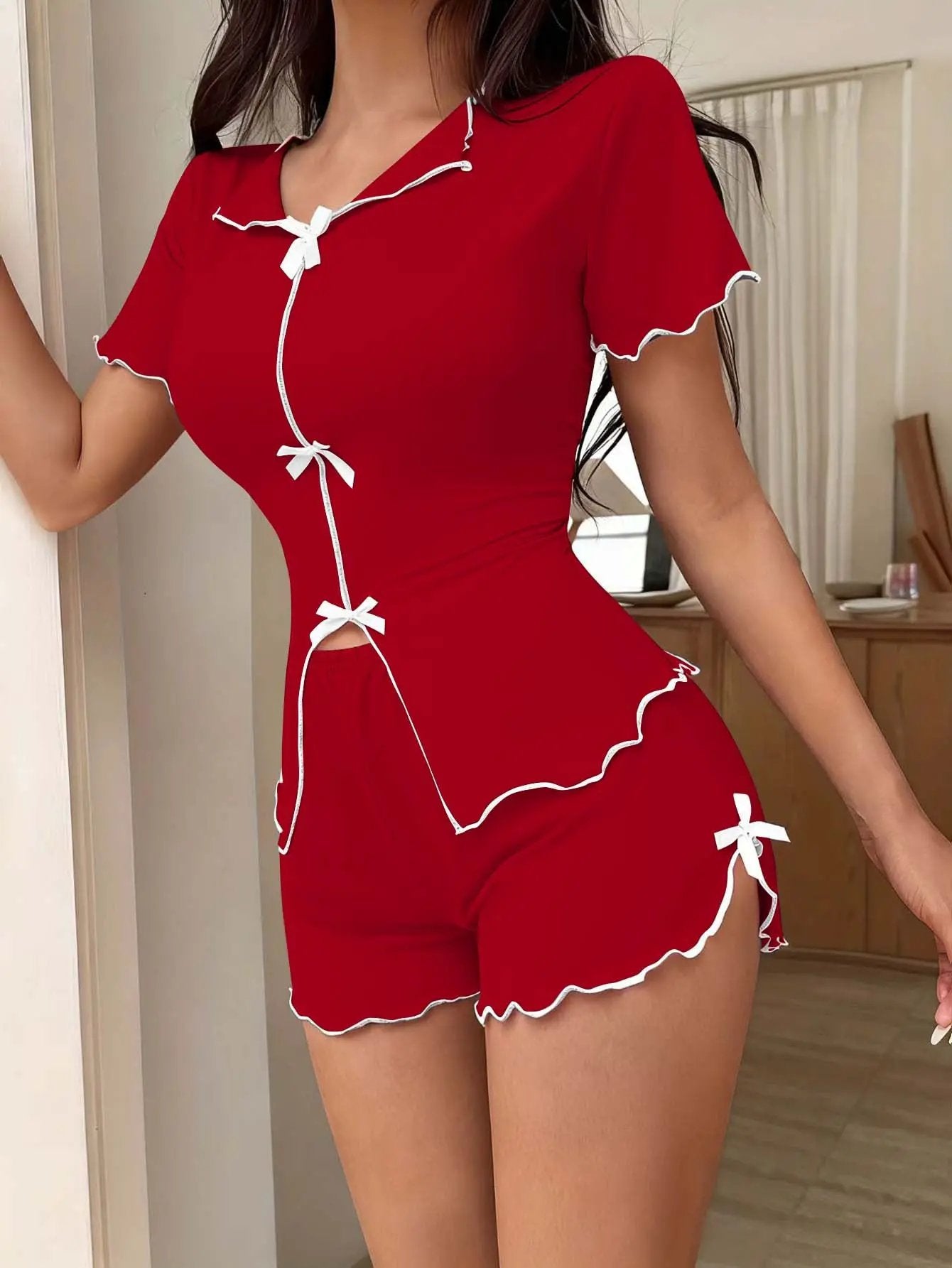 Bow-knot Sexy Stretchy Short-Sleeve Shorts Set by GJG Denim