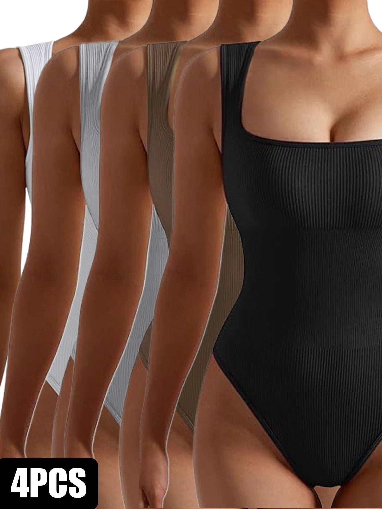 4 Pack Women body suit One Piece Bodycon Unitards Tummy Control Bodysuit Square neck by GJG Denim