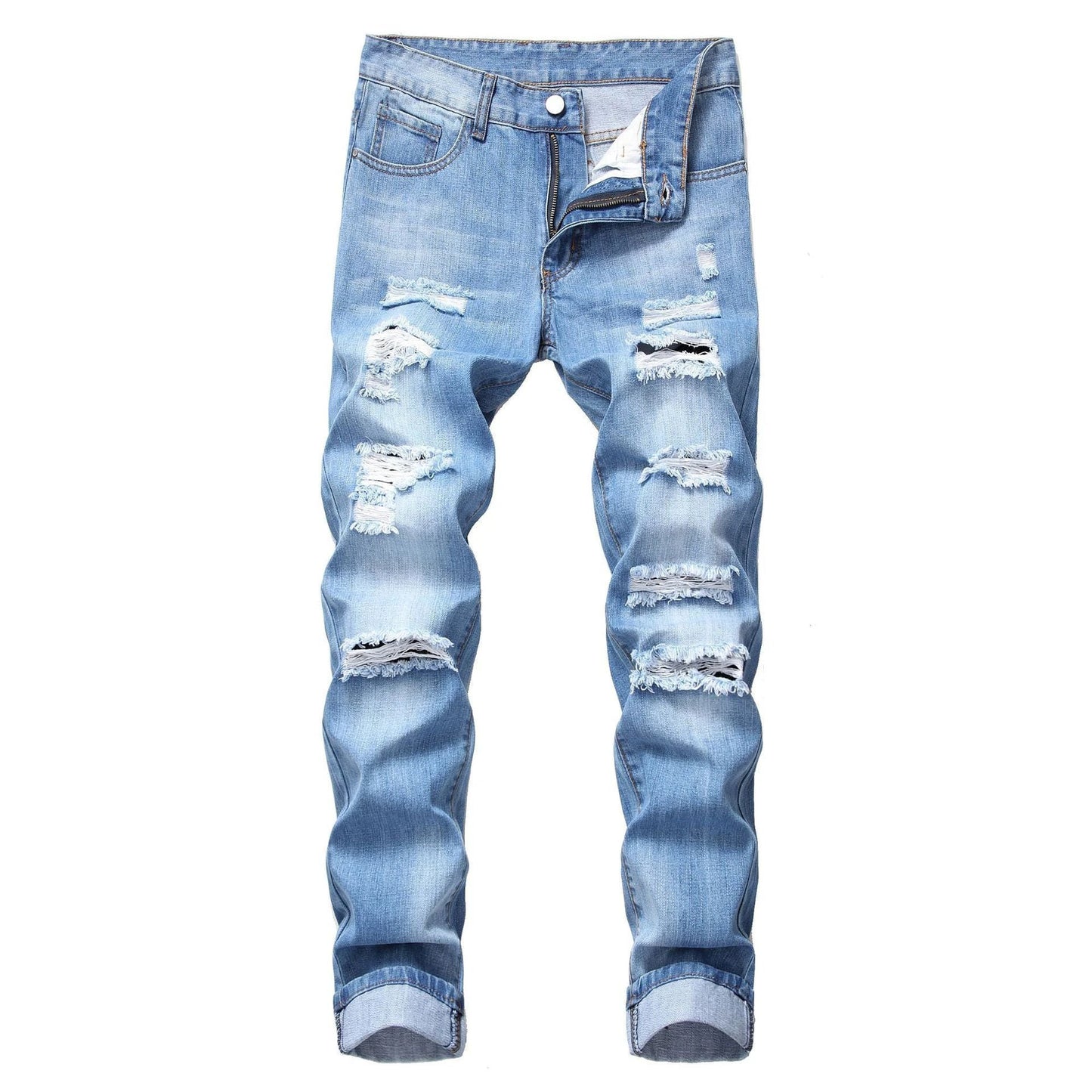 Men's Ripped Straight Slim Fit Non-stretch Jeans by GJG Denim