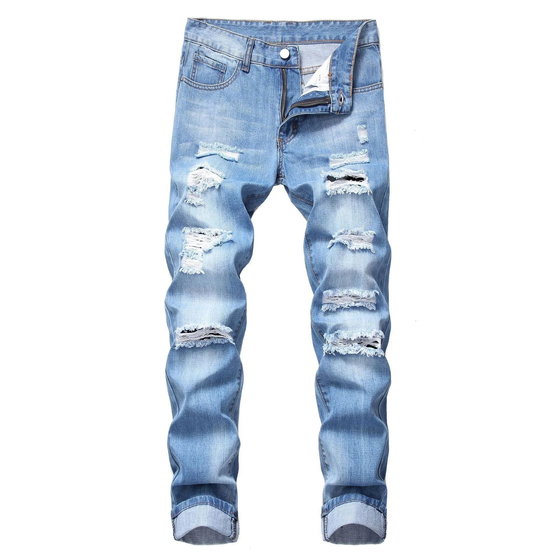 Men's Ripped Straight Slim Fit Non-stretch Jeans by GJG Denim