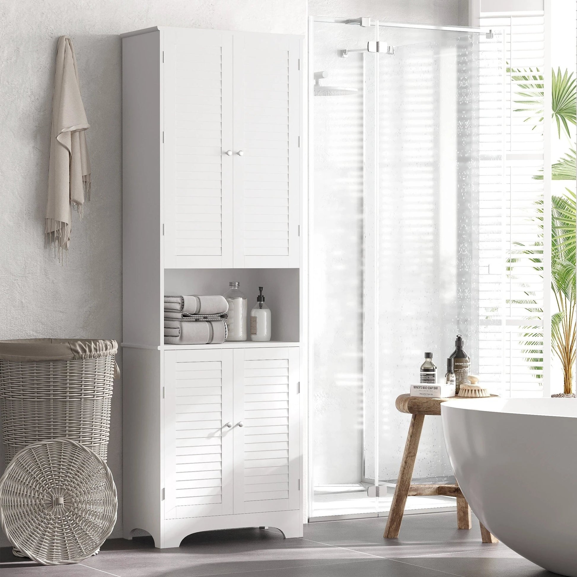 Tall Narrow Bathroom Storage Cabinet with Doors and Shelf Adjustability, Freestanding Linen Cabinet with 2 Cabinets and Countertop, White by GJG Denim