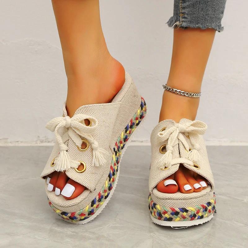 Women's Straw Woven Wedge Color-block Lace-up Slippers by GJG Denim