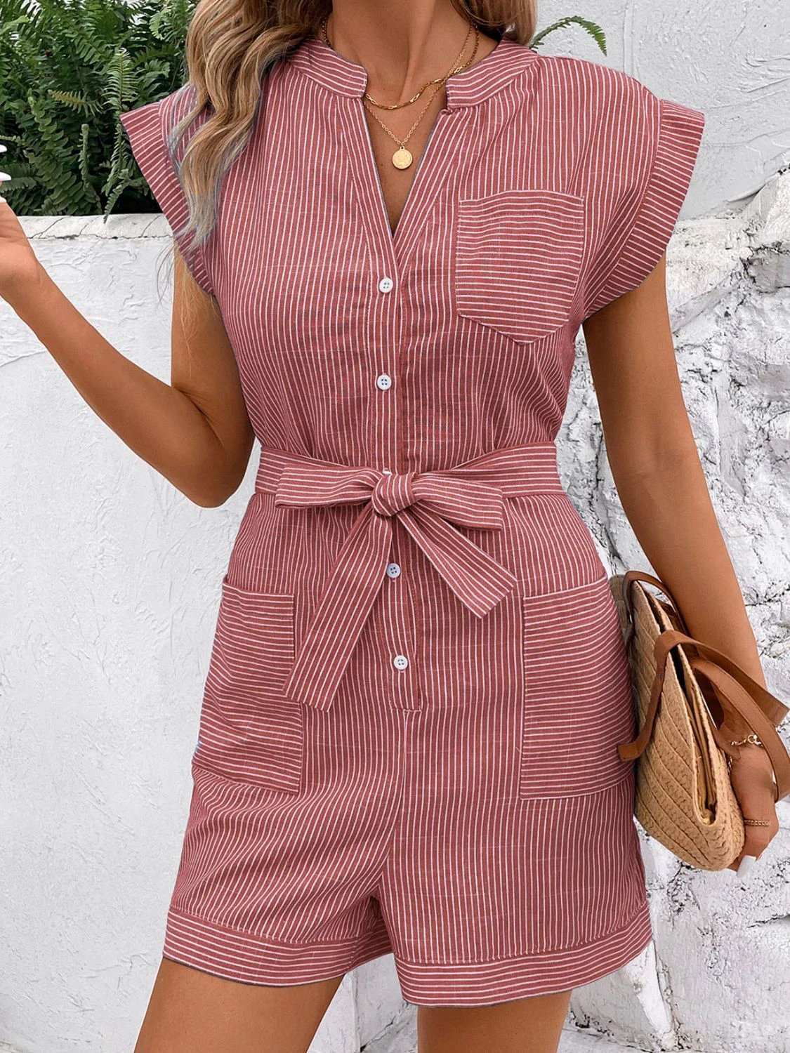 Striped Notched Tie Waist Romper by Lady Ros