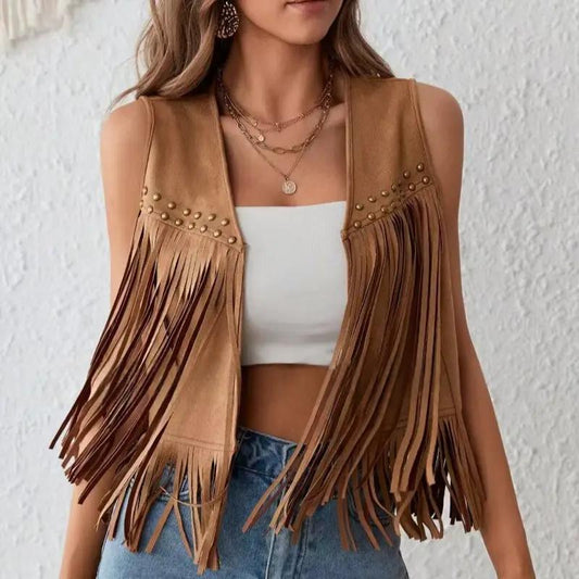 Womens Tassel Sleeveless Vest With Suede Tassels by GJG Denim