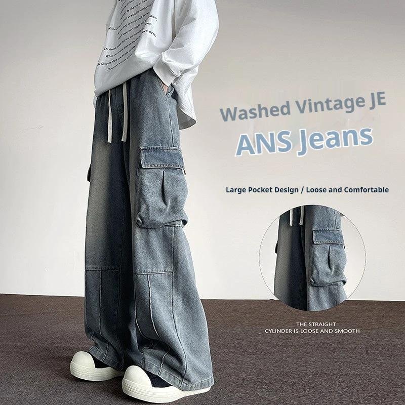 Washed Vintage Denim Men's Versatile Wide-Leg Multi-Pocket Casual Jeans by GJG Denim