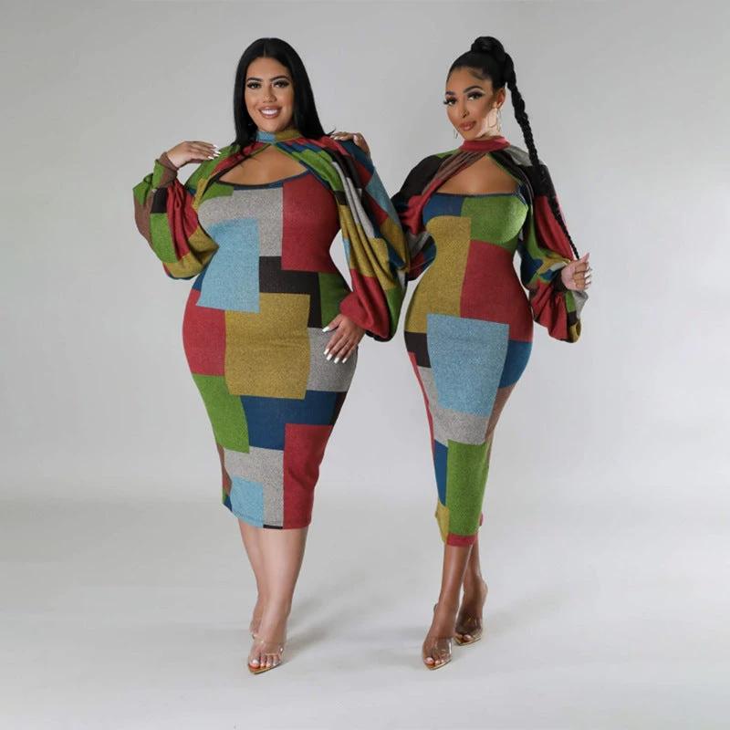 New Fashion Stitching Printing Color Contrast Long Sleeve Plus Size Dress by GJG Denim