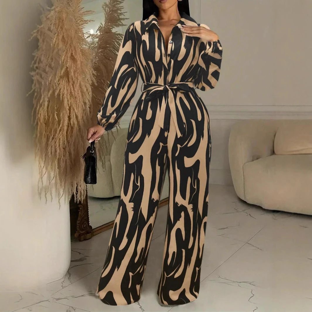 Womens Stylish Wide-leg Jumpsuit With Long Sleeves Floral Print And A Fitted Waist by GJG Denim