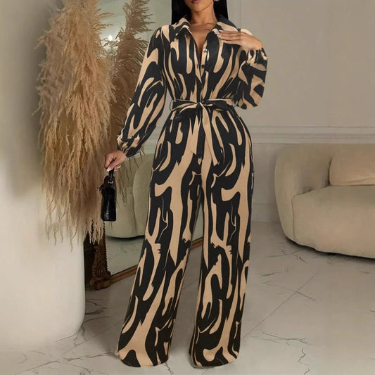 Womens Stylish Wide-leg Jumpsuit With Long Sleeves Floral Print And A Fitted Waist by GJG Denim
