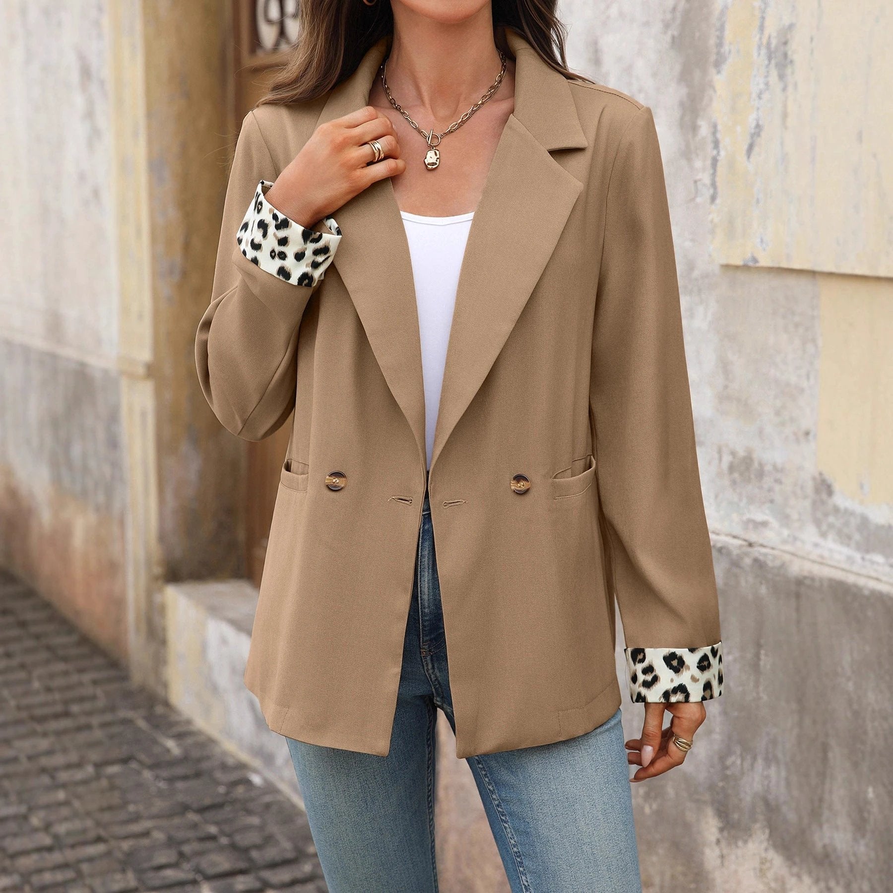 Vintage Leopard Print Stitching Suit Jacket For Women by GJG Denim
