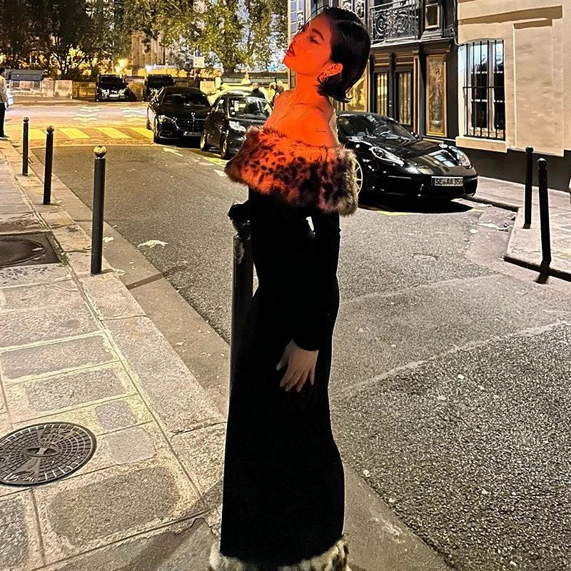 Atmospheric Leopard Print Fur Stitching Off-shoulder Dress by GJG Denim