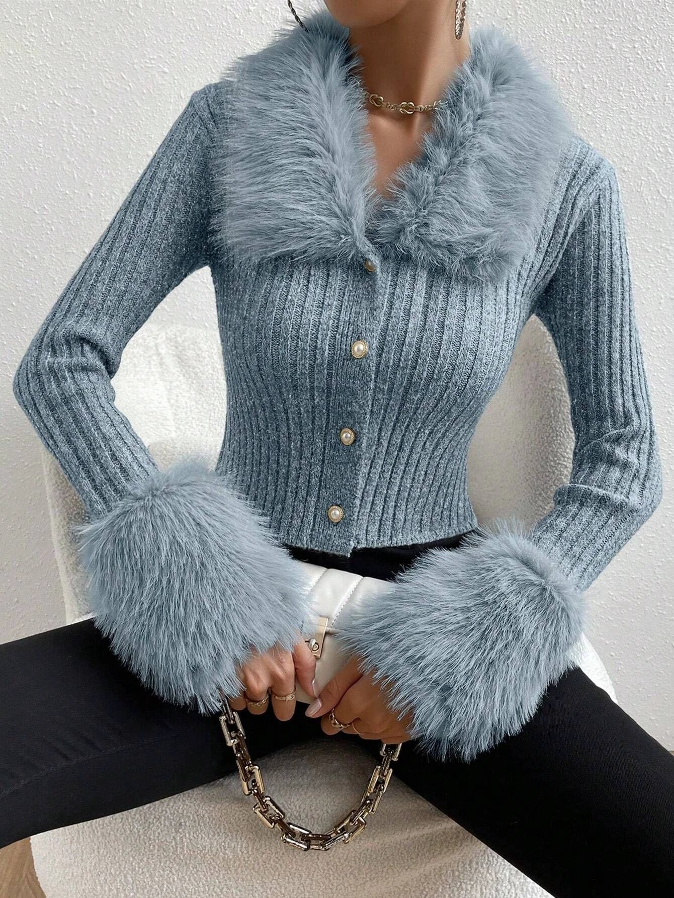 New V-neck Knitted Cardigan With A Slim Fit And A Fur-trimmed Collar by GJG Denim