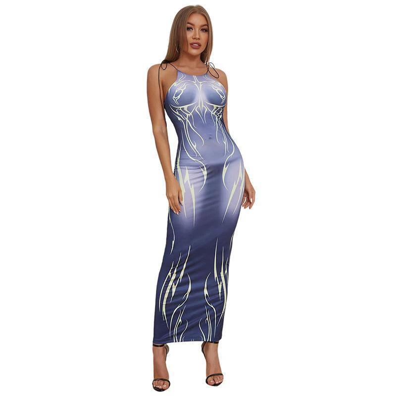 Temperament Commuter Strap Print Slim Fit Wrap Hip Dress by GJG Denim
